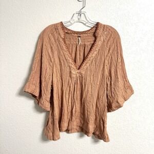 Free People Blouse Women Small Peach Festival Flutter Sleeve Sequins Get Over It